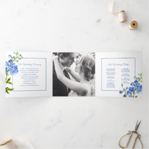 Blue delphinium flowers watercolor wedding Tri-Fold program