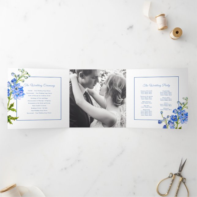 Blue delphinium flowers watercolor wedding Tri-Fold program (Inside)