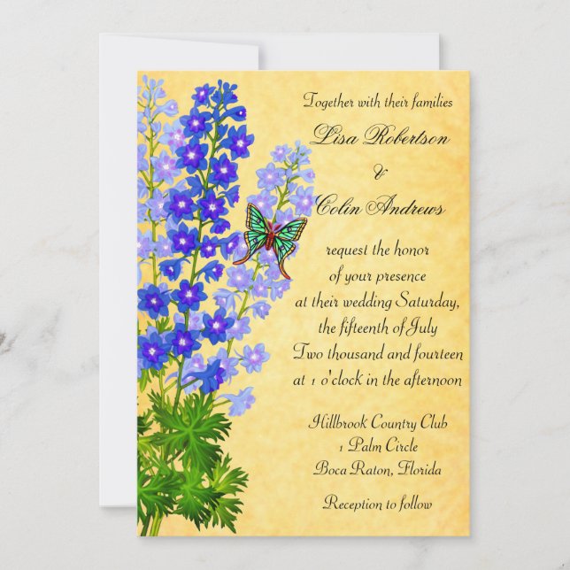 Blue Delphinium Flowers Wedding Invitation Gold (Front)