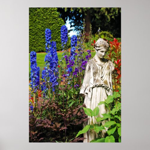 Blue delphinium garden and greek goddess statue poster