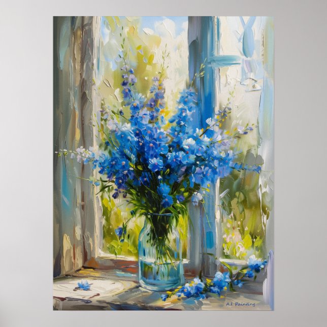 Blue Delphiniums In Vase By The Window A. I. Art Poster (Front)