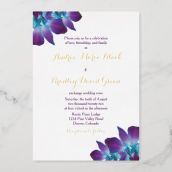 Blue Dendrobium Orchid Gold Wedding Invitation Foil Invitation