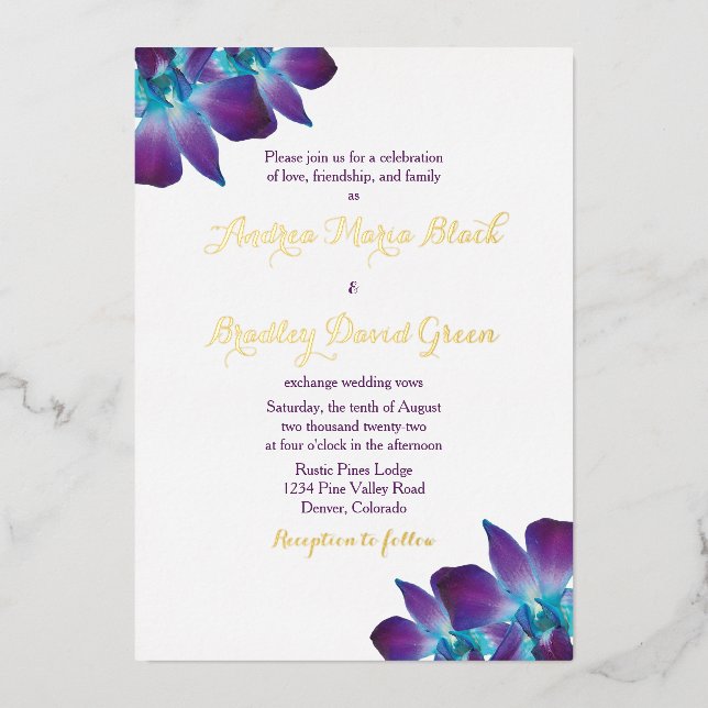 Blue Dendrobium Orchid Gold Wedding Invitation Foil Invitation (Front)