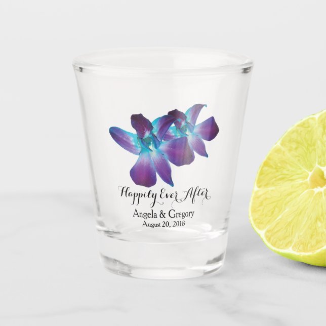 Blue Dendrobium Orchid Happily Ever After Shot Glass (Front)