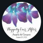 Blue Dendrobium Orchid Happily Ever After Wedding Classic Round Sticker<br><div class="desc">Purple and turquoise blue Dendrobium orchid personalized wedding stickers. Simple wedding sticker design that features a beautiful orchid variety called a blue dendrobium. It is teal / turquoise in color paired with violet and royal purple. A great flower choice for peacock bridal shower color theme. You can personalize the bride...</div>