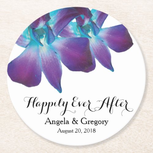 Blue Dendrobium Orchid Happily Ever After Wedding Round Paper Coaster