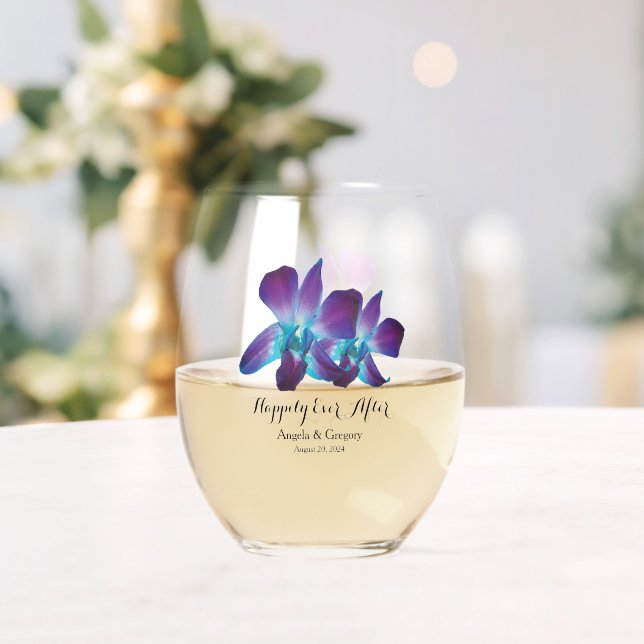 Blue Dendrobium Orchid Happily Ever After Wedding Stemless Wine Glass (Insitu (Wedding))