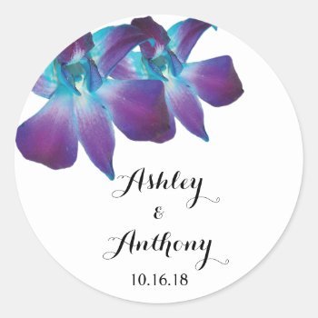 Blue Dendrobium Orchid Personalized Wedding Classic Round Sticker by wasootch at Zazzle
