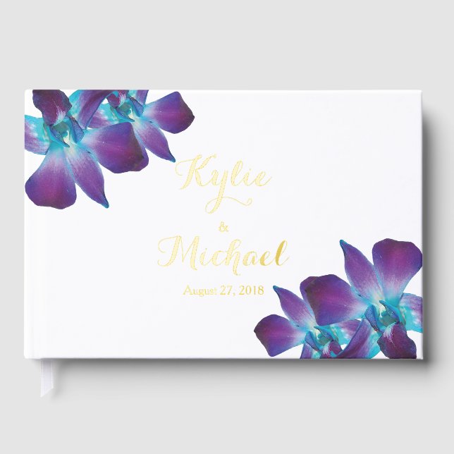 Blue Dendrobium Orchid Real Foil Wedding Foil Guest Book (Front)