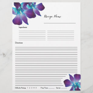 Blue Dendrobium Orchid Recipe Binder Inserts Flyer