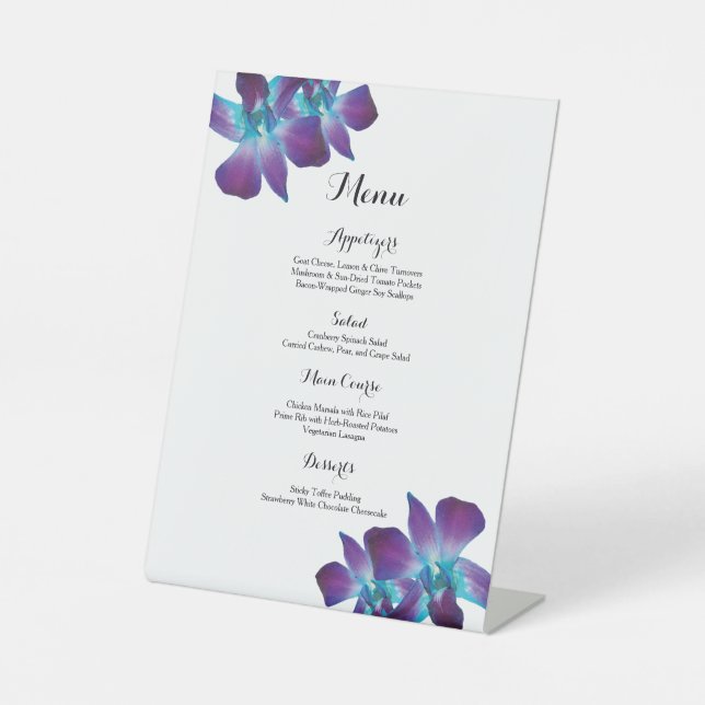 Blue Dendrobium Orchid Wedding Menu Pedestal Sign (Front)