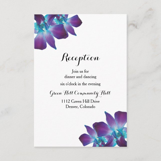 Blue Dendrobium Orchid Wedding Reception Card (Front)