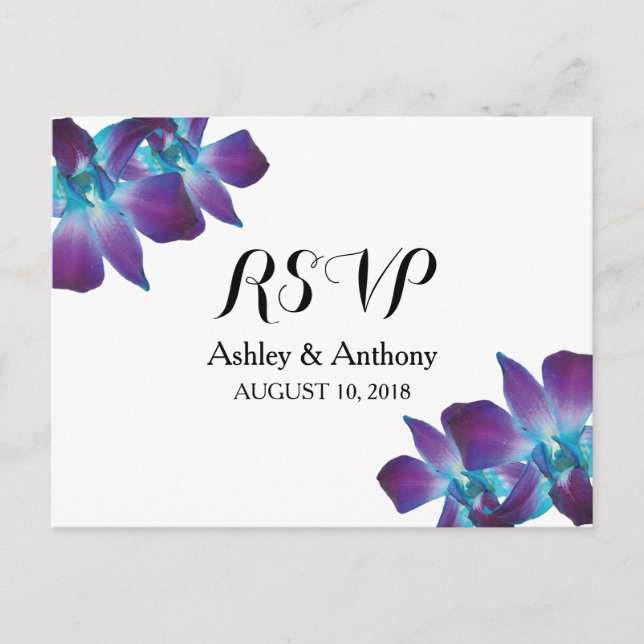 Blue Dendrobium Orchid Wedding RSVP Postcard (Front)