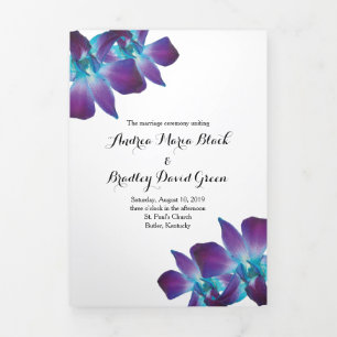 Blue Dendrobium Orchid Wedding Tri-Fold Program