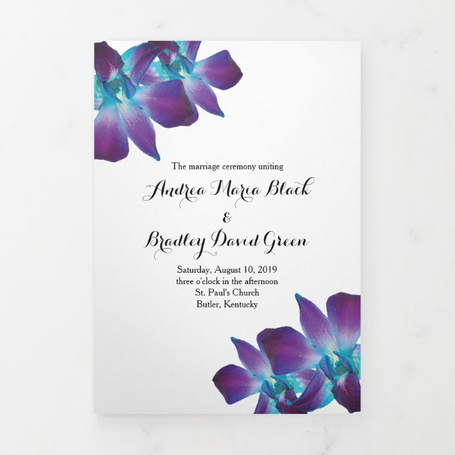 Blue Dendrobium Orchid Wedding Tri-Fold Program (Cover)