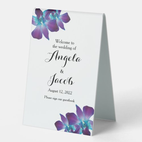 Blue Dendrobium Orchid Wedding Welcome Guestbook Table Tent Sign