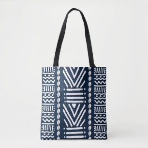 Blue Denim African Bogolan Style Design Tote Bag