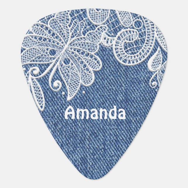 Blue Denim and Lace Butterfly - Monogrammed Guitar Pick (Front)