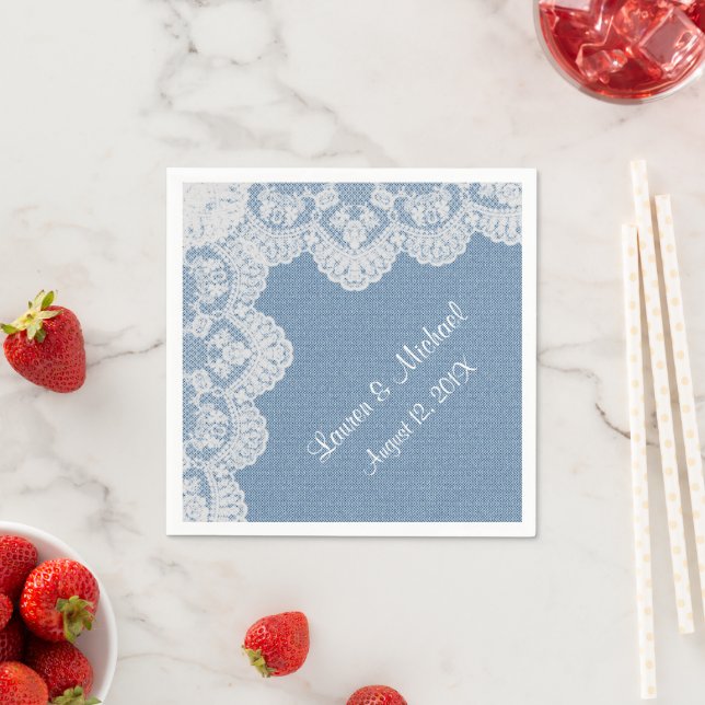 Blue Denim and Lace Wedding Paper Napkins (Insitu)