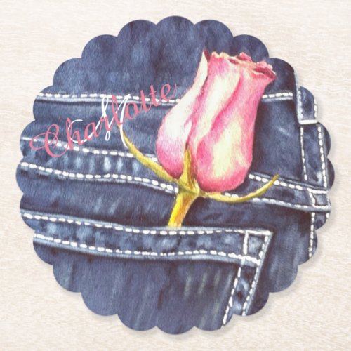 Blue Denim and Pink Floral Paper Coaster