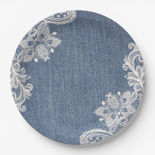 Blue Denim and White Lace Shabby Chic Paper Plate