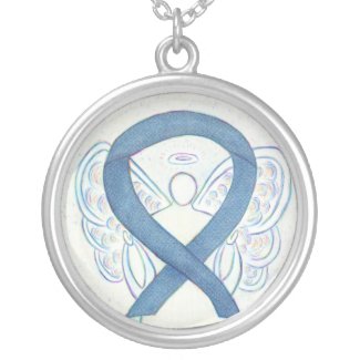 Blue denim Awareness Ribbon Angel Jewelry Necklace