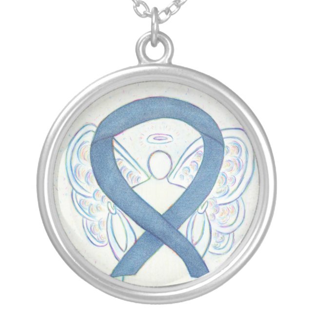 Blue denim Awareness Ribbon Angel Jewelry Necklace (Front)