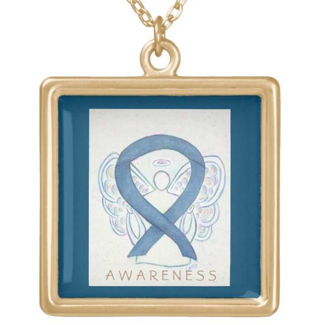Blue Denim Awareness Ribbon Art Jewelry Necklace (Front)