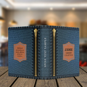 Blue Denim Cloth With Zip And Label Jean Fabric 3 Ring Binder