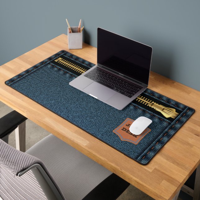 Blue Denim Cloth With Zip And Label Jean Fabric Desk Mat (Office 2)