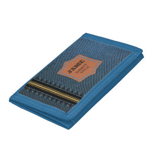 Blue Denim Cloth With Zip And Label Jean Fabric Trifold Wallet
