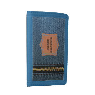 Blue Denim Cloth With Zip And Label Jean Fabric Trifold Wallet