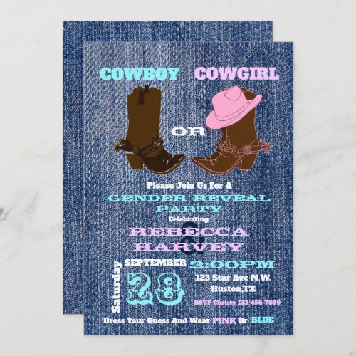 blue denim cowboy or cowgirl gender reveal party invitation