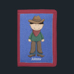Blue Denim Cowboy Wallet<br><div class="desc">Keep your cash and credit cards handy with this western style wallet. It features a faux denim on the flap. A cute little brown haired cowboy stands front and center. You can customize the name at the bottom.</div>