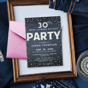 Blue Denim Diamonds Glitter Any Age Birthday Party Invitation