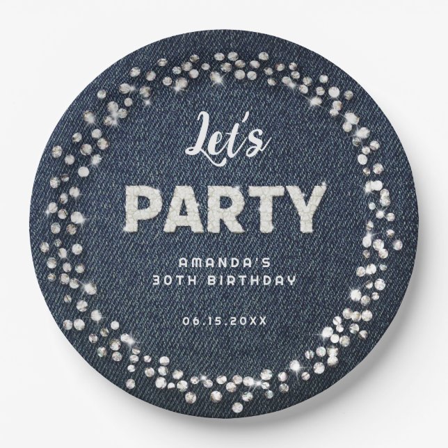 Blue Denim Diamonds Glitter Rhinestone Let's Party Paper Plates (Front)
