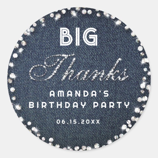 Blue Denim Diamonds Glitter Rhinestones Big Thanks Classic Round Sticker (Front)