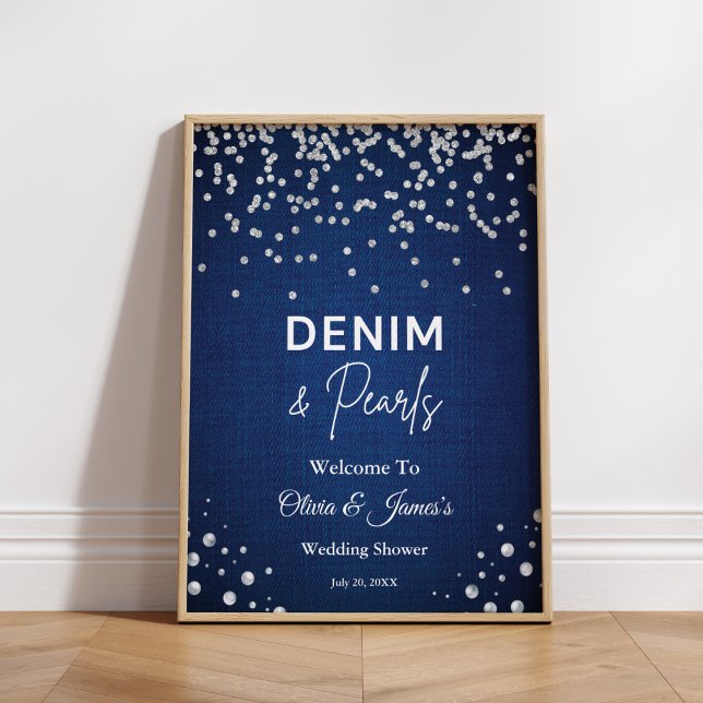 Blue Denim Diamonds Pearls Couple's Shower Welcome Poster (Blue Denim Diamonds Pearls Couple's Shower Welcome Sign )