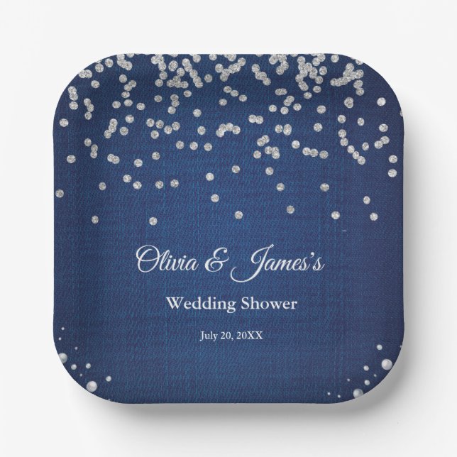 Blue Denim Diamonds Pearls Couple's Wedding Shower Paper Plates (Front)