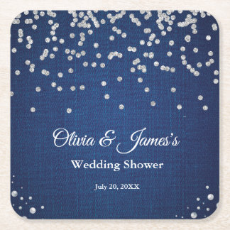 Blue Denim Diamonds Pearls Couple's Wedding Shower Square Paper Coaster