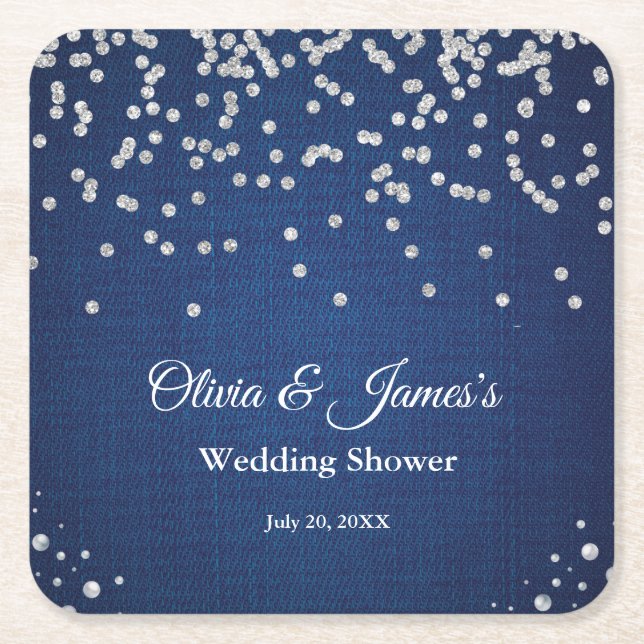 Blue Denim Diamonds Pearls Couple's Wedding Shower Square Paper Coaster (Front)