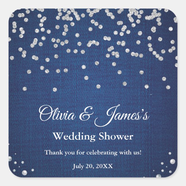 Blue Denim Diamonds Pearls Couple's Wedding Shower Square Sticker (Front)