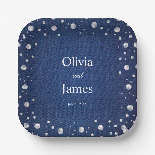 Blue Denim Diamonds Pearls Wedding Couple's Shower Paper Plates (Front)