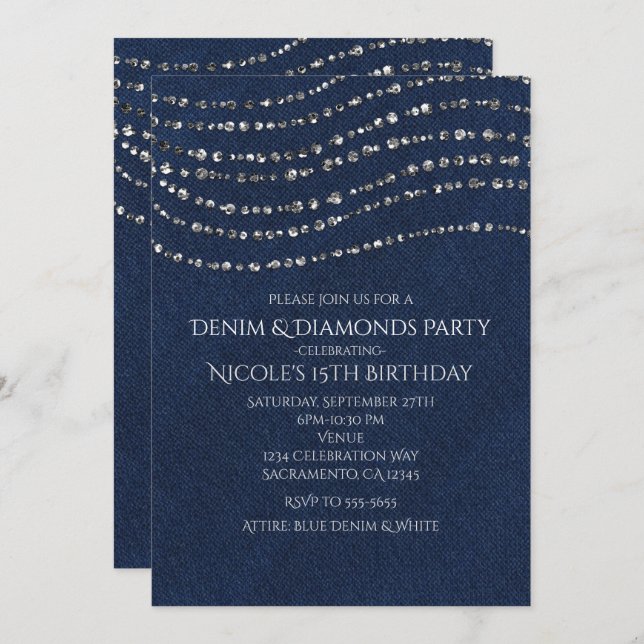 Blue Denim & Diamonds Sparkle Bling Birthday Party Invitation (Front/Back)