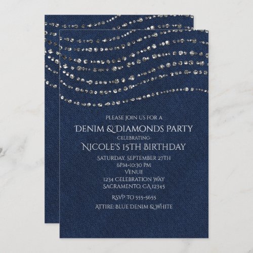 Blue Denim  Diamonds Sparkle Bling Birthday Party Invitation