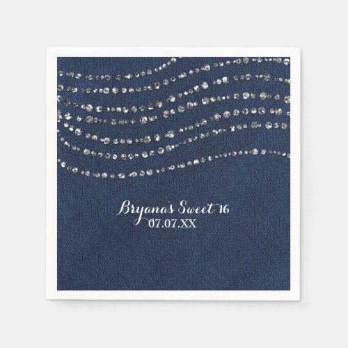 Blue Denim  Diamonds Sparkle Bling Birthday Party Paper Napkins
