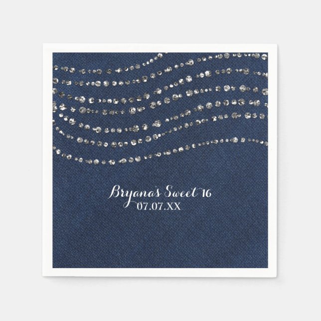 Blue Denim & Diamonds Sparkle Bling Birthday Party Paper Napkins (Front)