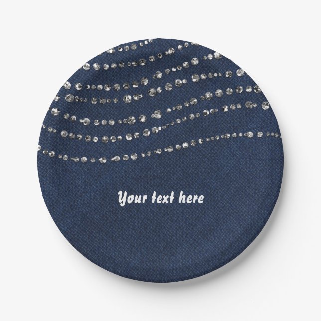 Blue Denim & Diamonds Sparkle Bling Birthday Party Paper Plates (Front)