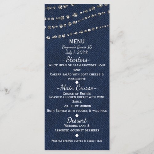 Blue Denim  Diamonds Sparkle Bling Party Menu