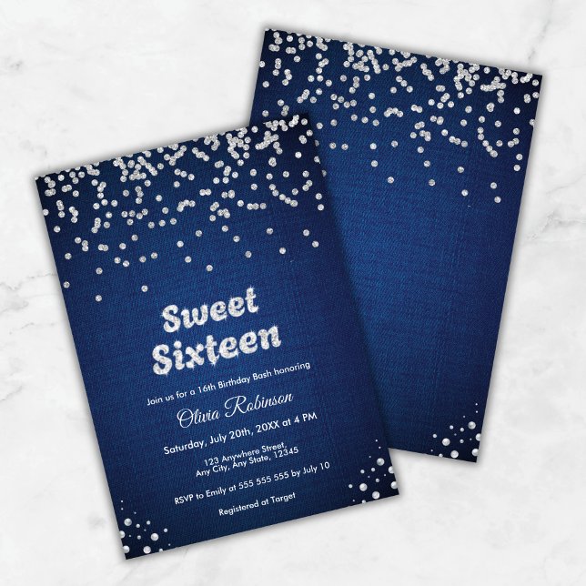 Blue Denim & Diamonds Sweet Sixteen 16th Birthday  Invitation (Blue Denim & Diamonds Sweet Sixteen 16th Birthday Invitation )